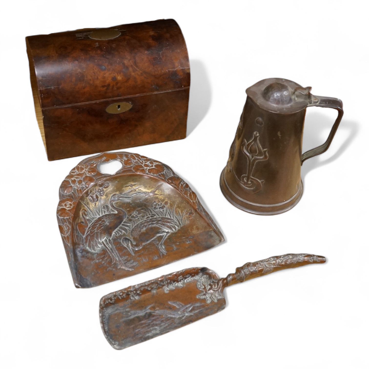 Sundry items comprising, Victorian walnut tea caddy, Arts and Crafts jug and Japanese antimony crumb scoop and tray, largest 32cm wide
